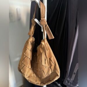 B. Makowsky Woven Studded Pebbled Leather Hobo Shoulder Bag Camel Brown Leather